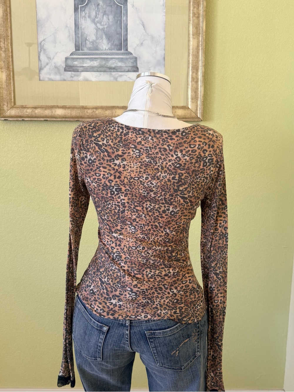 Free People Leopard-Print Long Sleeve Top with Black Lace Center - Picture 4 of 7